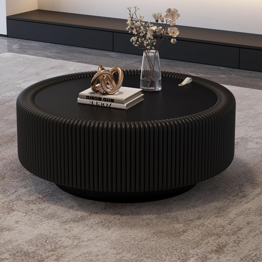31.5' Black Round Coffee Table with Storage, Tempered Glass Top PU Leather Body & Baked Enamel Base, Modern Minimalist Fluted Circle Center Tables for or Living Room, Bedroom, Apartment