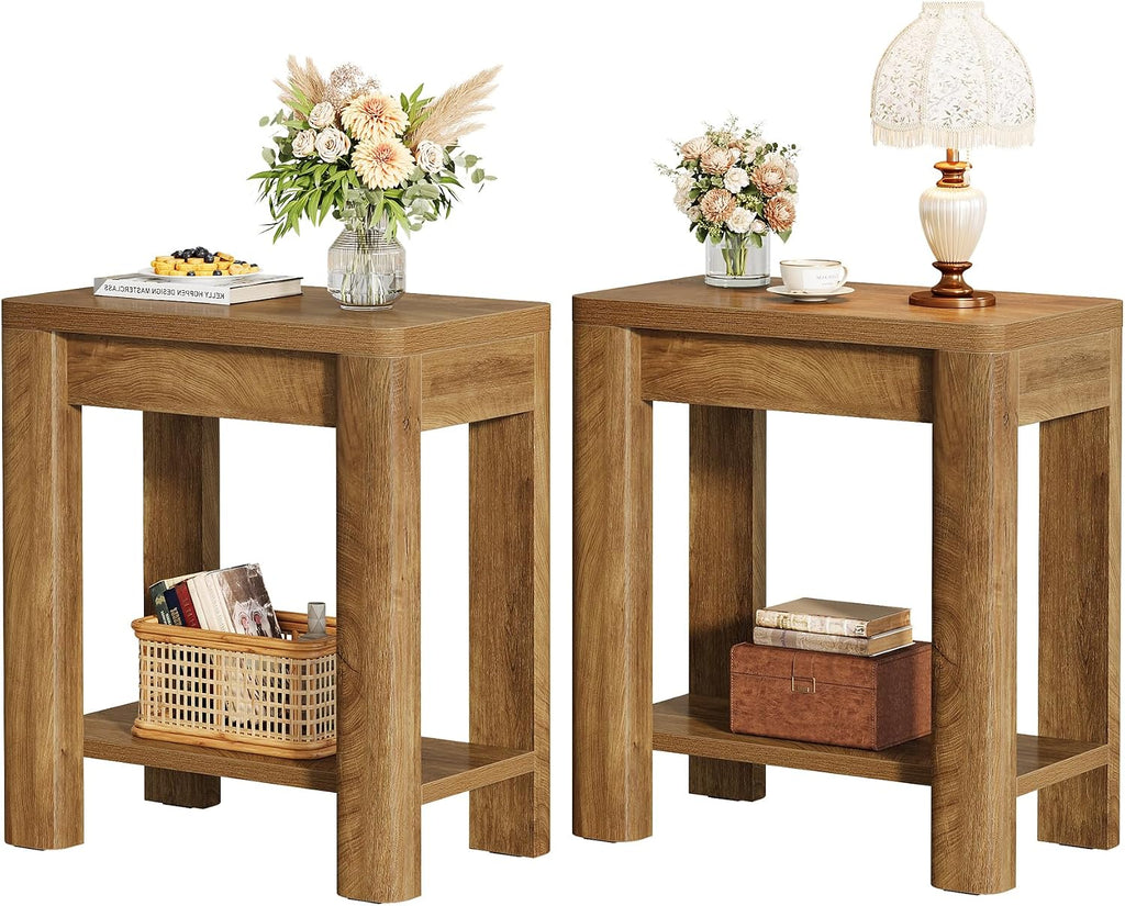 Tribesigns End Table for Living Room, Farmhouse Wooden Side Table with Storage Shelf, Small Narrow Bedside Accent Furniture for Bedroom (Brown, 2PCS)