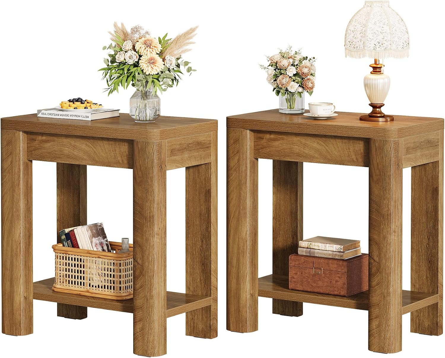 Tribesigns End Table for Living Room, Farmhouse Wooden Side Table with Storage Shelf, Small Narrow Bedside Accent Furniture for Bedroom (Brown, 2PCS)