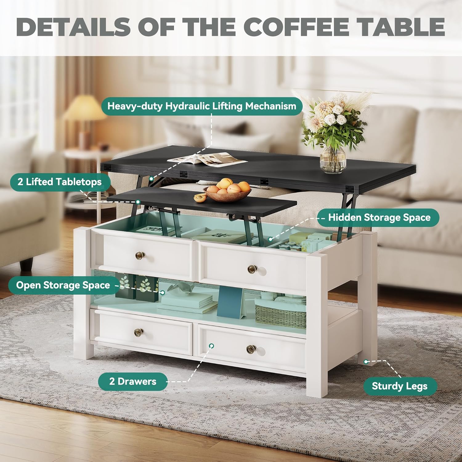 YITAHOME Coffee Table Lift Top, 4 in 1 Multi-Function Convertible Coffee Table with Drawers and Hidden Compartment, Converts to Dining Table for Living Room Home Office, Black Top