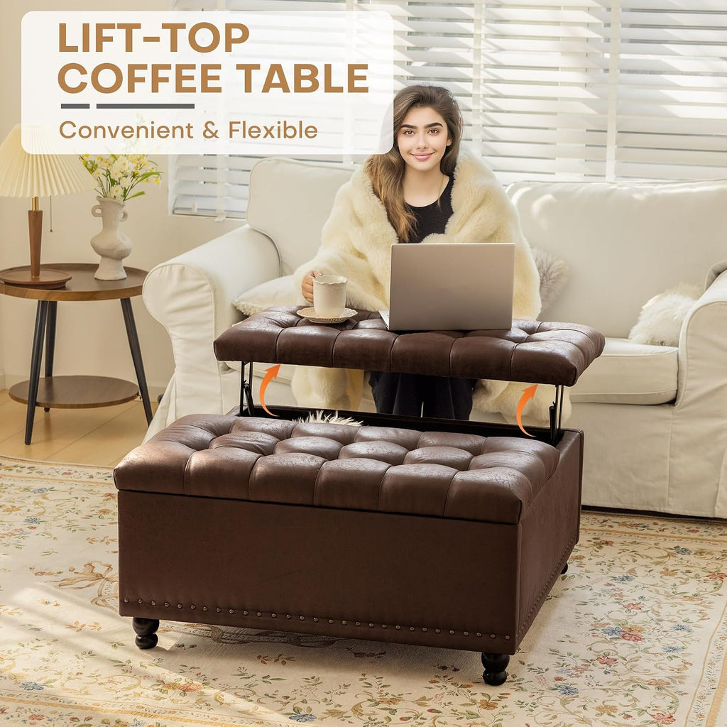 Redlife 35 Inch Large Square Storage Ottoman, Storage Ottoman Coffee Table with Lift Top Faux Leather Ottomans Bench Square Footrest Oversized Upholstered Coffee Table for Living Room (Dark Brown)