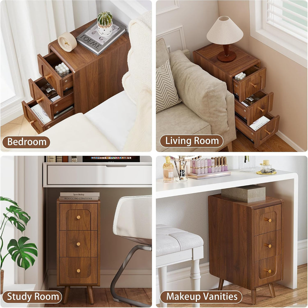 Small Nightstand Set of 2, Narrow Nightstand Slim Couch Side Table with Drawers, Wood End Tables with Storage for Living Room, Bedroom, Small Spaces (Walnut-2pcs)