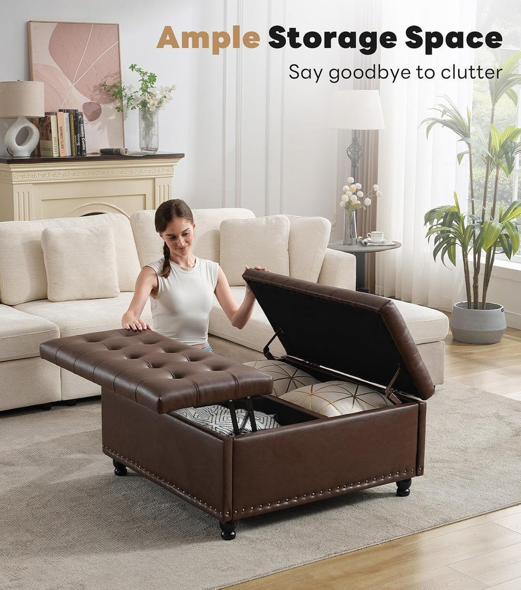 Tbfit Large Square Storage Ottoman Bench, Tufted Upholstered Coffee Table Ottoman with Lift Top & Solid Wood Legs, Oversized Storage Ottomans Toy Box for Living Room (Dark Brown)