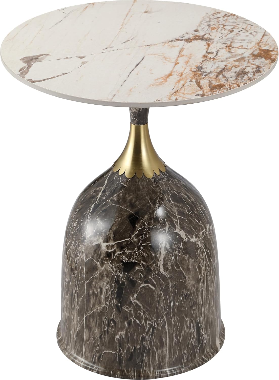 LeisureMod Oslo Modern Round Side Table with Elegant Sintered Stone Top and Sculptural Stainless Steel Pedestal Base, Chic Accent End Table for Living Room, Home or Sofa, Marbled Brown