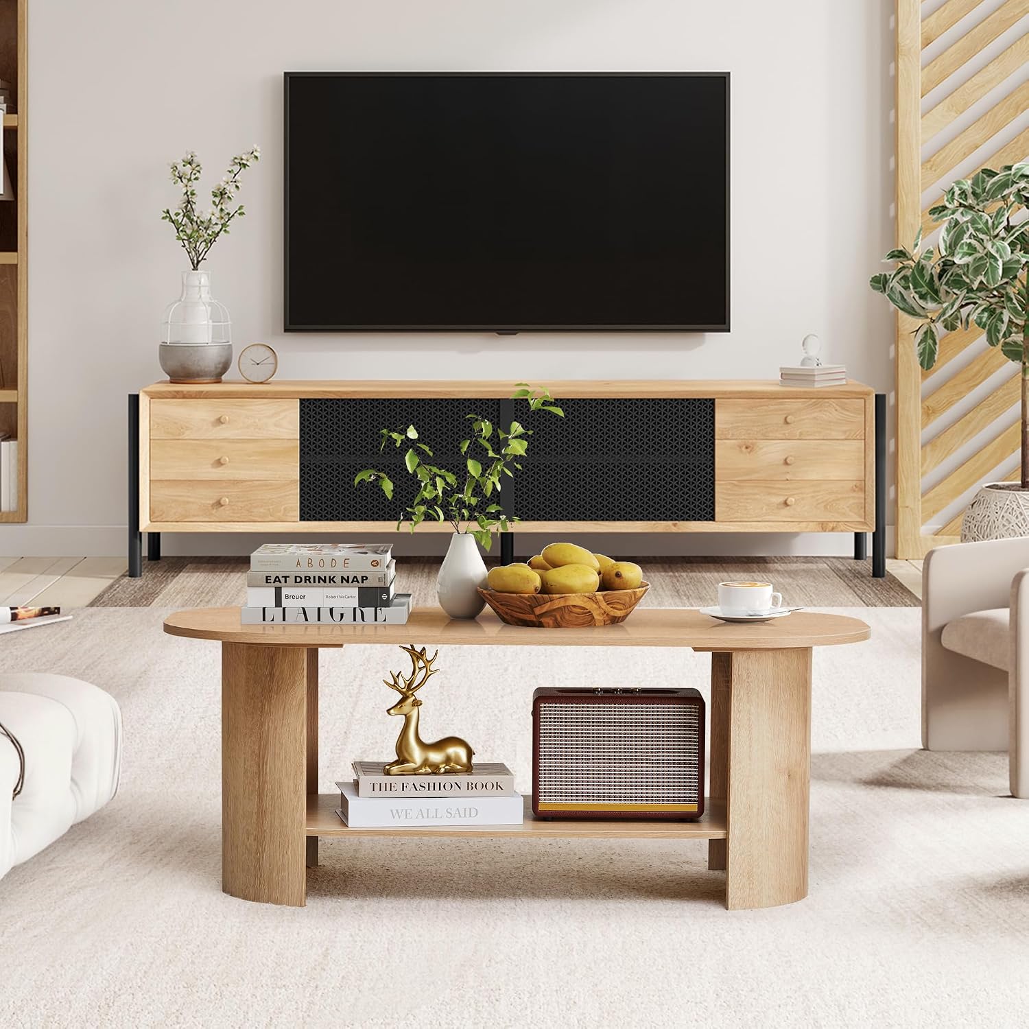 Oval Coffee Table for Living Room, 43.3' Farmhouse Coffee Tables with Storage, 2-Tier Wood Center Table with Storage Shelf Low Tea Table for Small Space, Home, Office, Easy Assembly (Natural)