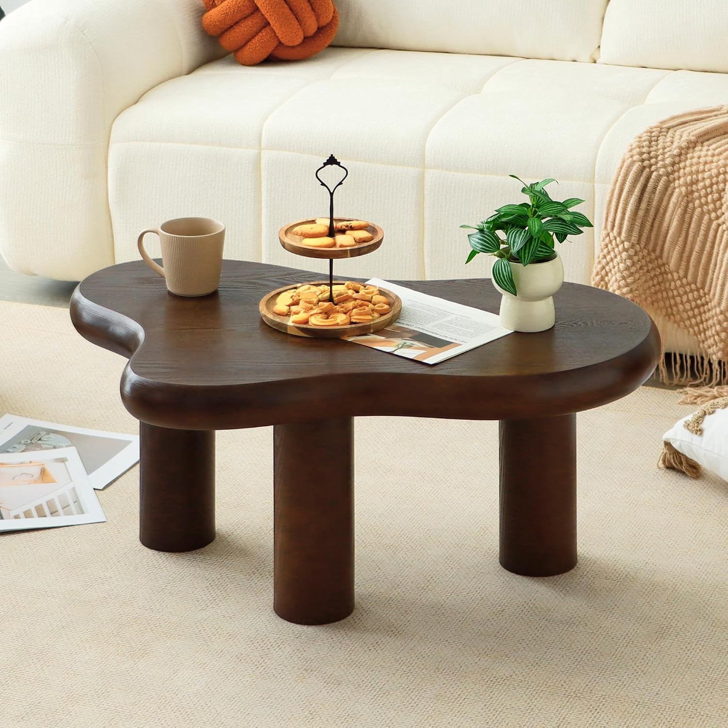 34'(L) Cloud Coffee Table, Modern Wood Coffee Table for Living Room, Accent Center Tables with 3 Legs, Small Tea Tables for Balcony, Patio, Bedroom, Walnut