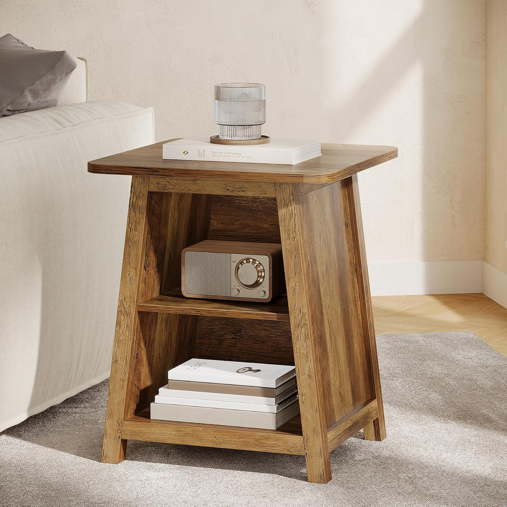 Tribesigns 3-Tier Rustic Farmhouse Wooden End Table with Open Storage Shelves, Trapezoid Angled Leg Side Table for Living Room, Small Space Friendly Sofa Side Table