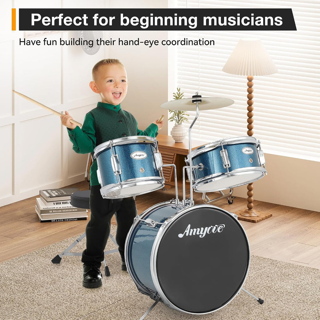 3-Piece Junior Drum Set, 14' Blue Complete Kids Drum Kit with Bass Drum, Snare, Tom, Cymbal, Throne & Sticks, for Ages 3-8 Beginners (Blue)
