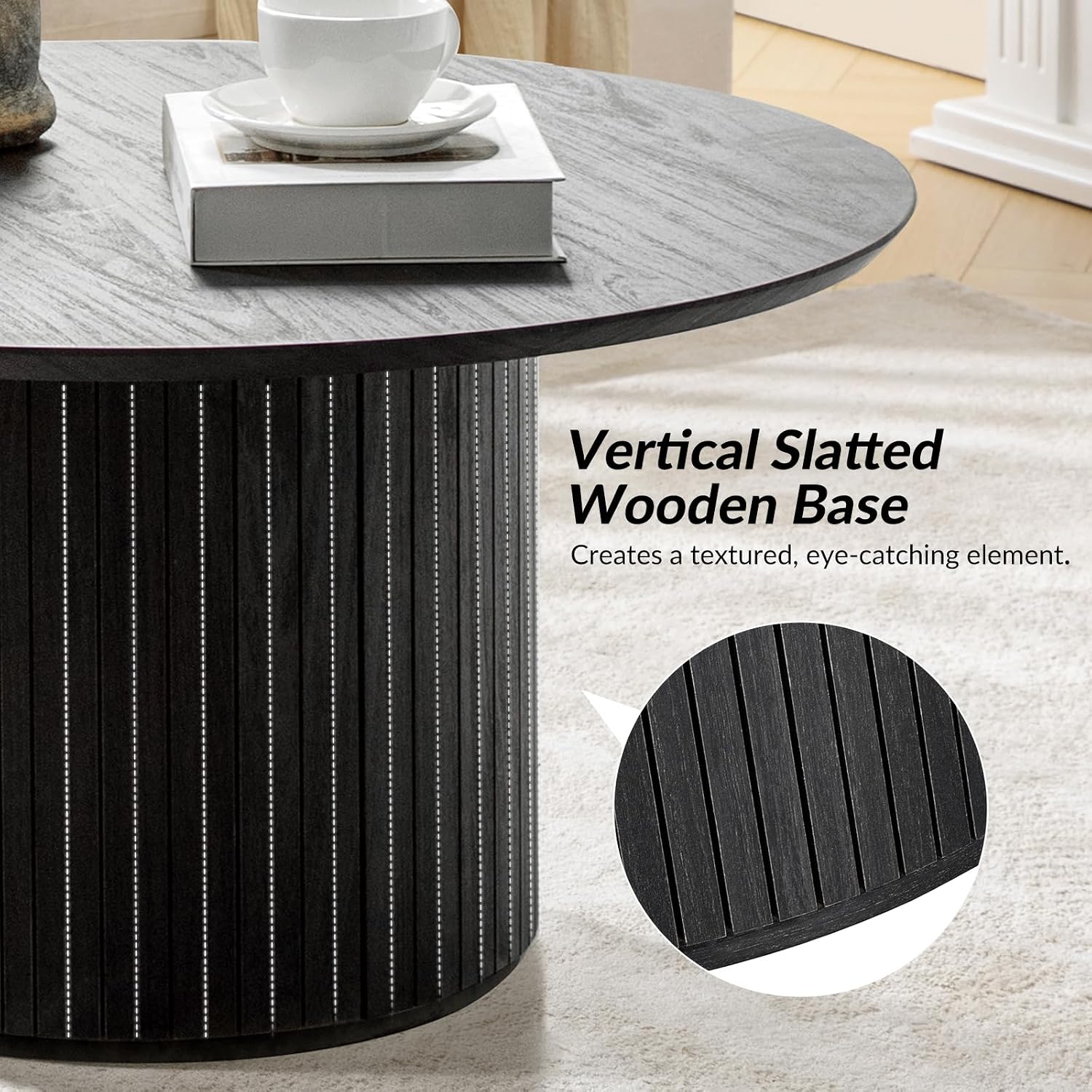 HULALA Home Round Coffee Table, Wood Coffee Table with Vertical Slat Base, Modern Coffee Table for Living Room and Lounge Room, Charcoal