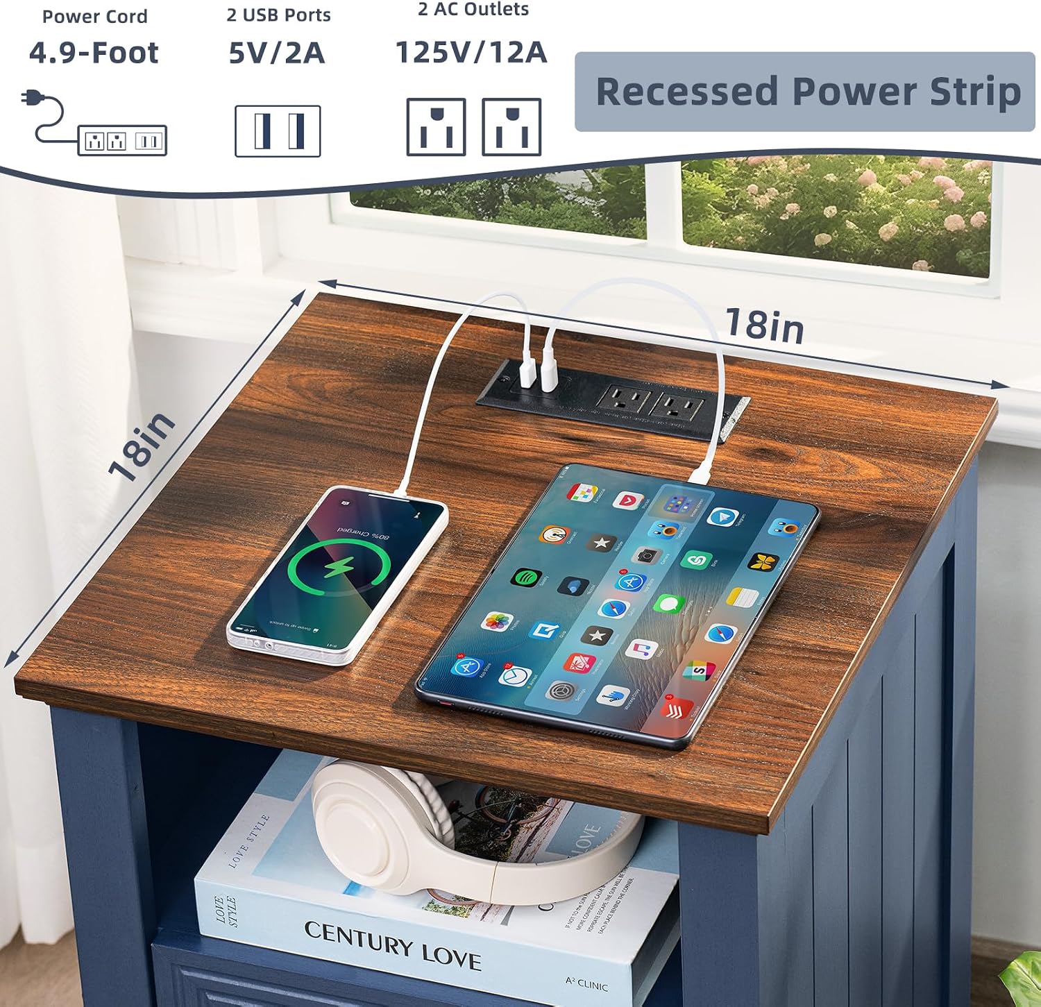 Joaxswe 18' Farmhouse Night Stands Set of 2 with Charging Station, 2 Drawers End Table Dresser for Bedroom, Blue Wooden Nightstand, Bed Side Table with Open Shelf, Bedside Cabinet for Living Room