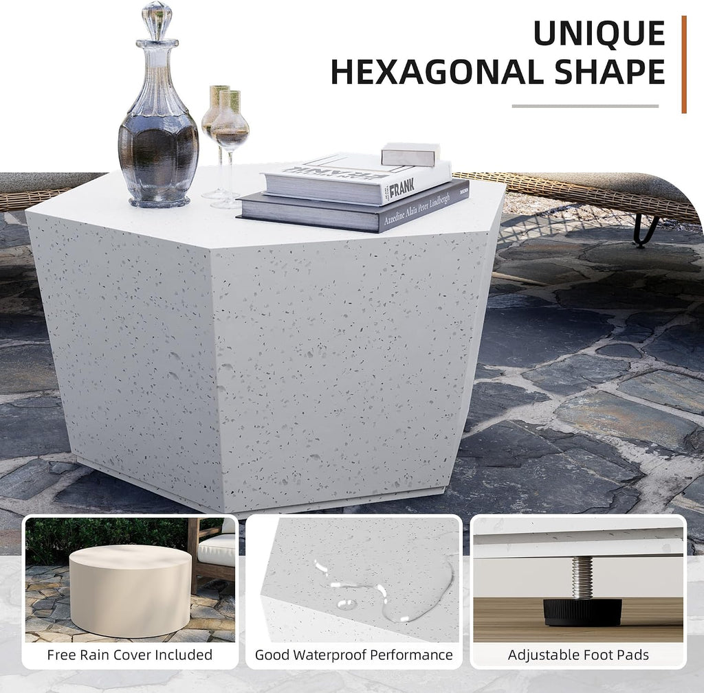 UPHA 28' Hexagon Outdoor Coffee Table, Modern Hollow Concrete Patio Table, Small Minimalist Low Accent Table for Living Room, Balcony, Deck, Backyard, Off-White