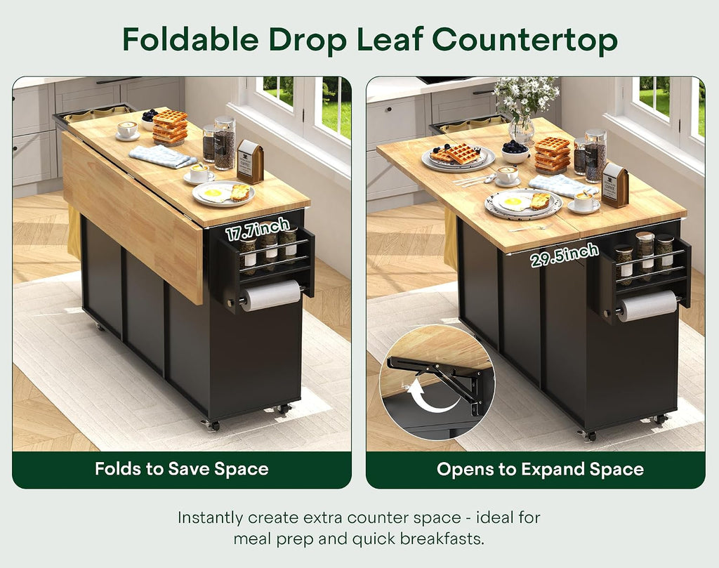 43.3' x 29.5' Kitchen Island with Drop Leaf, Rolling Kitchen Island on Wheels with Removable Trash Bag, Kitchen Island Cart with Storage Cabinet, Drawers & Spice Rack, Black