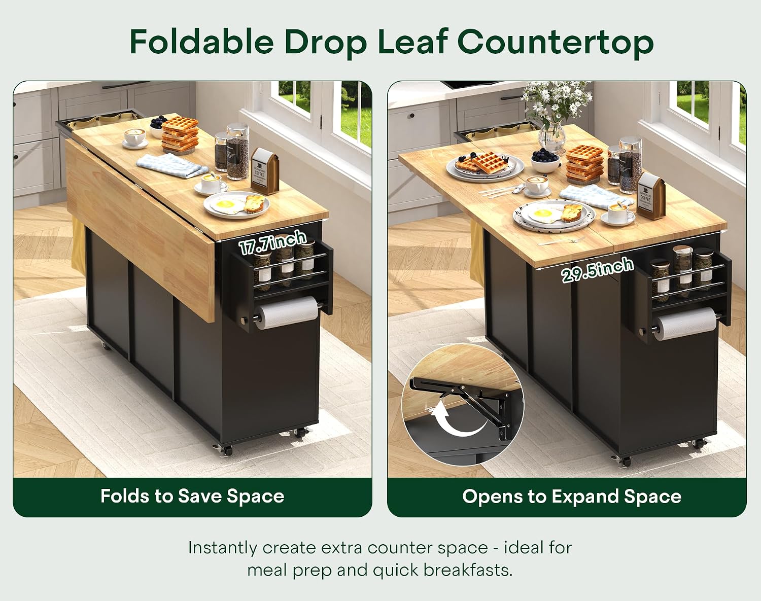 43.3' x 29.5' Kitchen Island with Drop Leaf, Rolling Kitchen Island on Wheels with Removable Trash Bag, Kitchen Island Cart with Storage Cabinet, Drawers & Spice Rack, Black