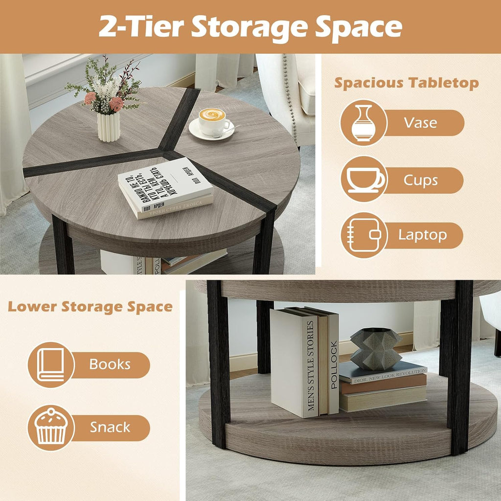 Giantex Round Coffee Table, 34.5' Mid Century Modern Circle Cocktail Accent Table with Open Storage Shelf & Rubber Wood Frame, 2 Tier Center Table for Living Room Reception Room, Grey Oak