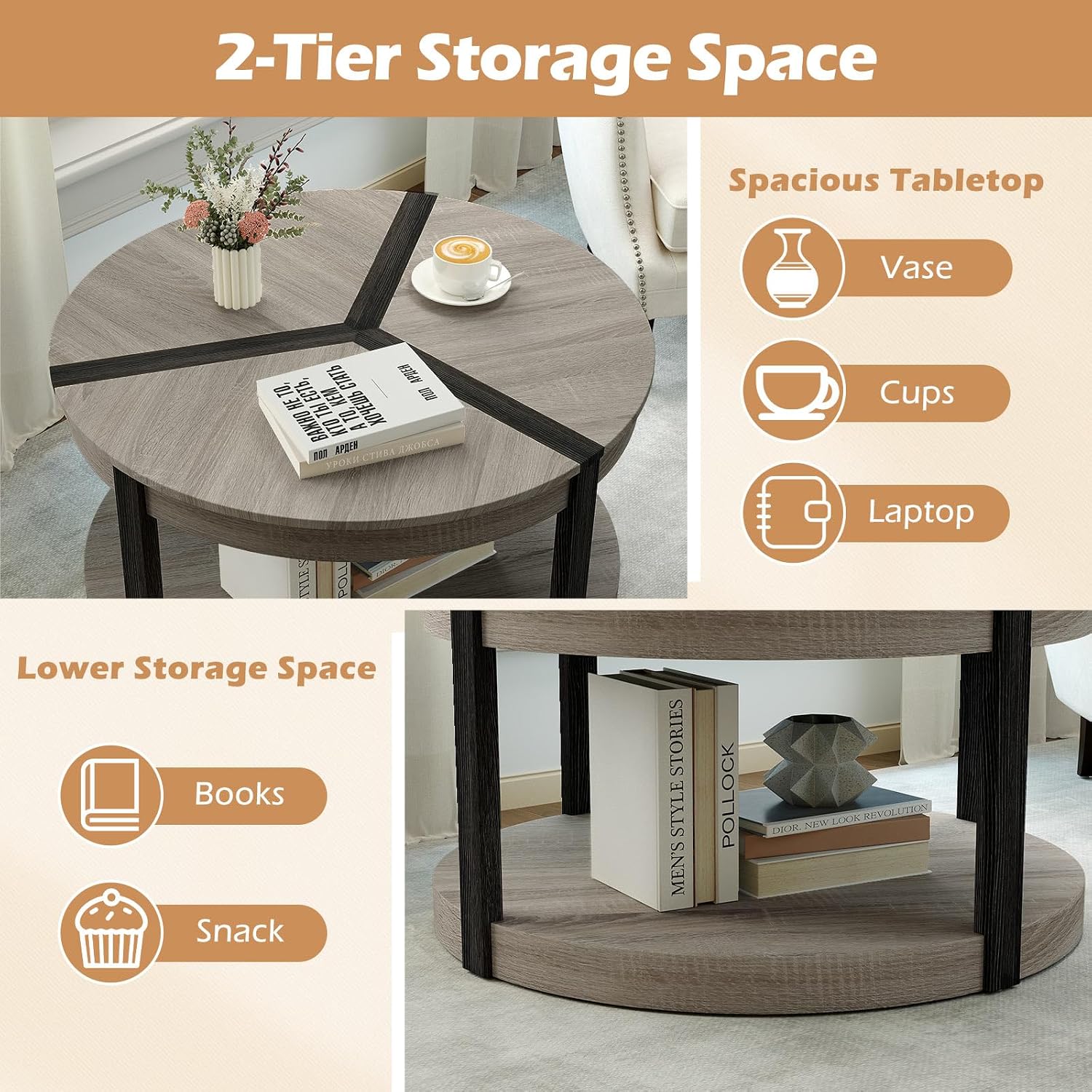 Giantex Round Coffee Table, 34.5' Mid Century Modern Circle Cocktail Accent Table with Open Storage Shelf & Rubber Wood Frame, 2 Tier Center Table for Living Room Reception Room, Grey Oak