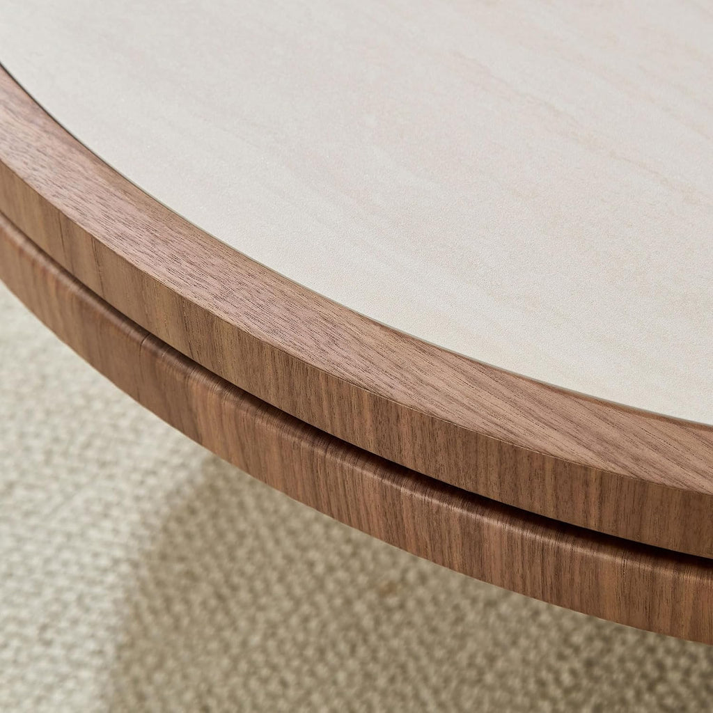 35.43' Farmhouse Round Coffee Table with Sintered Stone Tabletop, Sturdy Wood MDF Pedestal Coffee Tables for Living Room, Modern Circle Center Tea Table for Apartment, Office Bedroom Walnut
