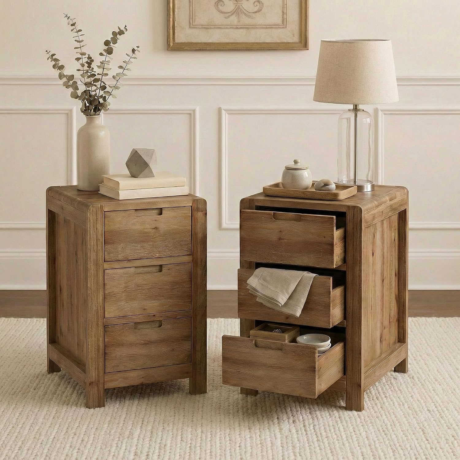 LITTLE TREE 3-Drawer Real Wood End Table Set 2, Narrow Side Table with Storage Drawers, Solid Wood Sofa Side Table for Living Room, Slim Nightstand Bedside Table for Bedroom, Natural Wood Color