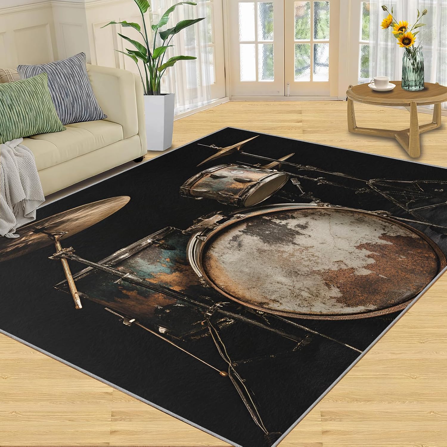 Drum Set Rug 5x8 Rug Hip Hop Music Area Rug, Musical Instruments Washable Rugs for Bedroom, Music Lovers Indoor Rugs - Home Decor, Boys Girls Gifts