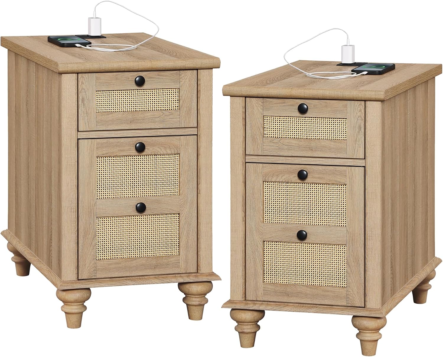 WAMPAT 2 Pack End Table with Charging Station, Wood Side Sofa Table with Drawer and Storage Cabinet, Rattan Weaving Nightstand with Power Outlets & USB Ports for Living Room, Bedroom, Oak