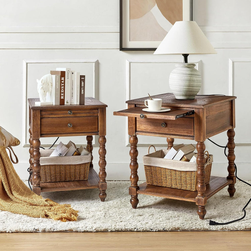HULALA HOME Spindle Nightstands with Charging Station, Solid Wood Nightstand with Drawer Shelf, Side Table with Pull-Out Shelf (2, Walnut)