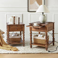 HULALA HOME Spindle Nightstands with Charging Station, Solid Wood Nightstand with Drawer Shelf, Side Table with Pull-Out Shelf (2, Walnut)