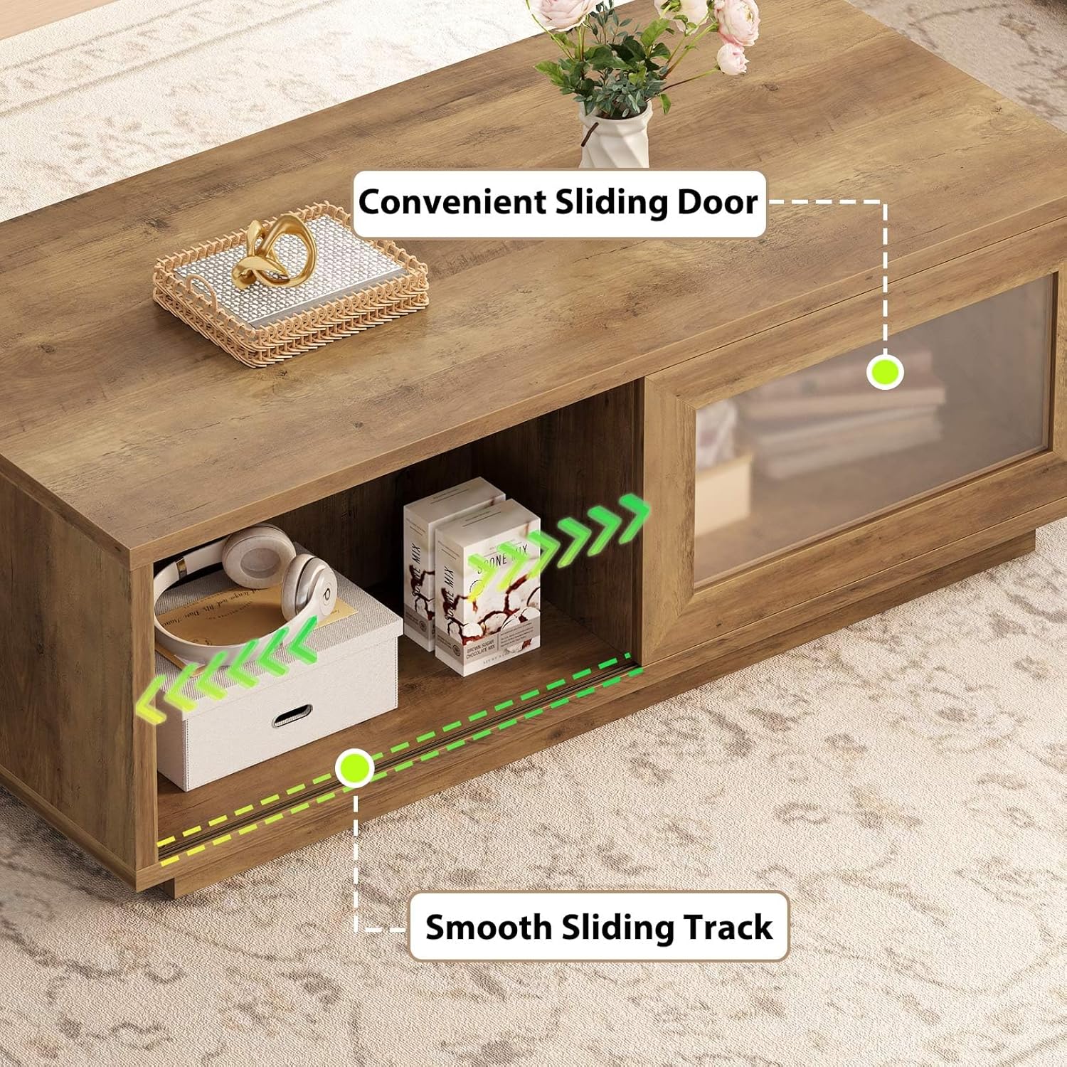 HSH Rustic Coffee Table for Living Room, 47 Inch Modern Wood Rectangle Coffee Tables with Sliding Door and Storage Open Shelf, Large Low Center Table for Home Decor, Rustic Oak