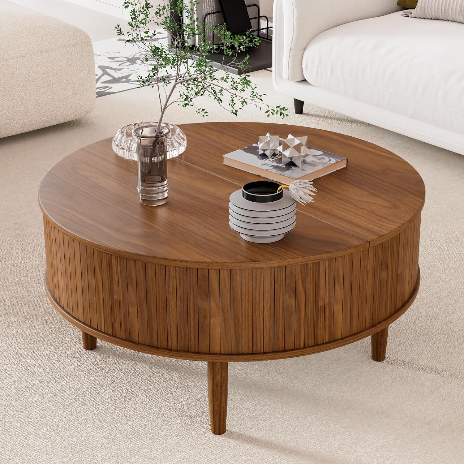 Round Fluted Lift Top Coffee Table with Storage, Mid Century Modern Coffee Table for Living Room, Home Small Space,31.5' Fluted Center Table (Walnut, 31.5inch)