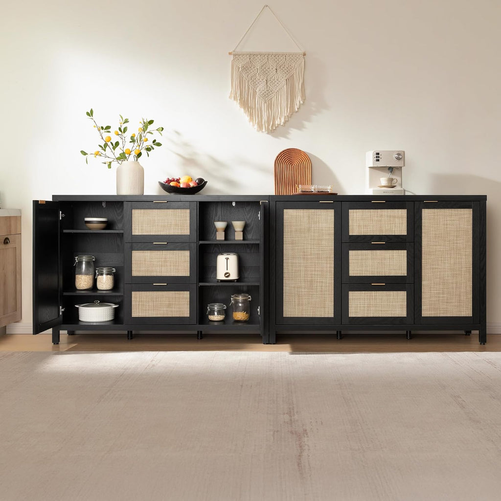 SICOTAS Rattan Sideboard Buffet Coffee Bar Cabinet with Storage - 52' Larger Farmhouse Credenza Storage Cabinet with 3 Drawers and 2 Doors, Boho Console Table for Living Room, Kitchen, Black Oak