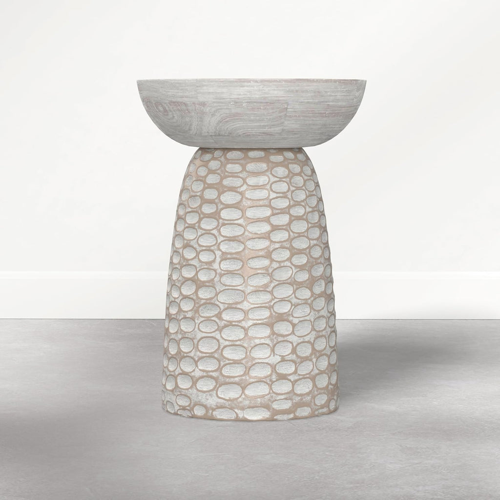 SIMPLIHOME Boyd End Table - 13 inch Wide Solid Mango Wood Round Accent Table in Distressed White, Handcrafted Contemporary Nightstand or Lamp Stand for Living Room, Bedroom, or Office, Assembled