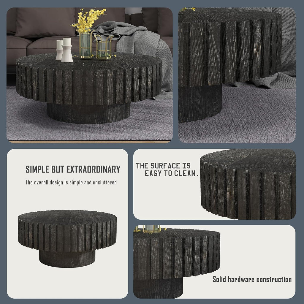 Round Wood Coffee Table for Living Room Modern Rustic Fluted Solid Wood Coffee Table Pedestal Center Table Circle Tea Tables for Apartment Easy Assembly(31.5''Antique Black)