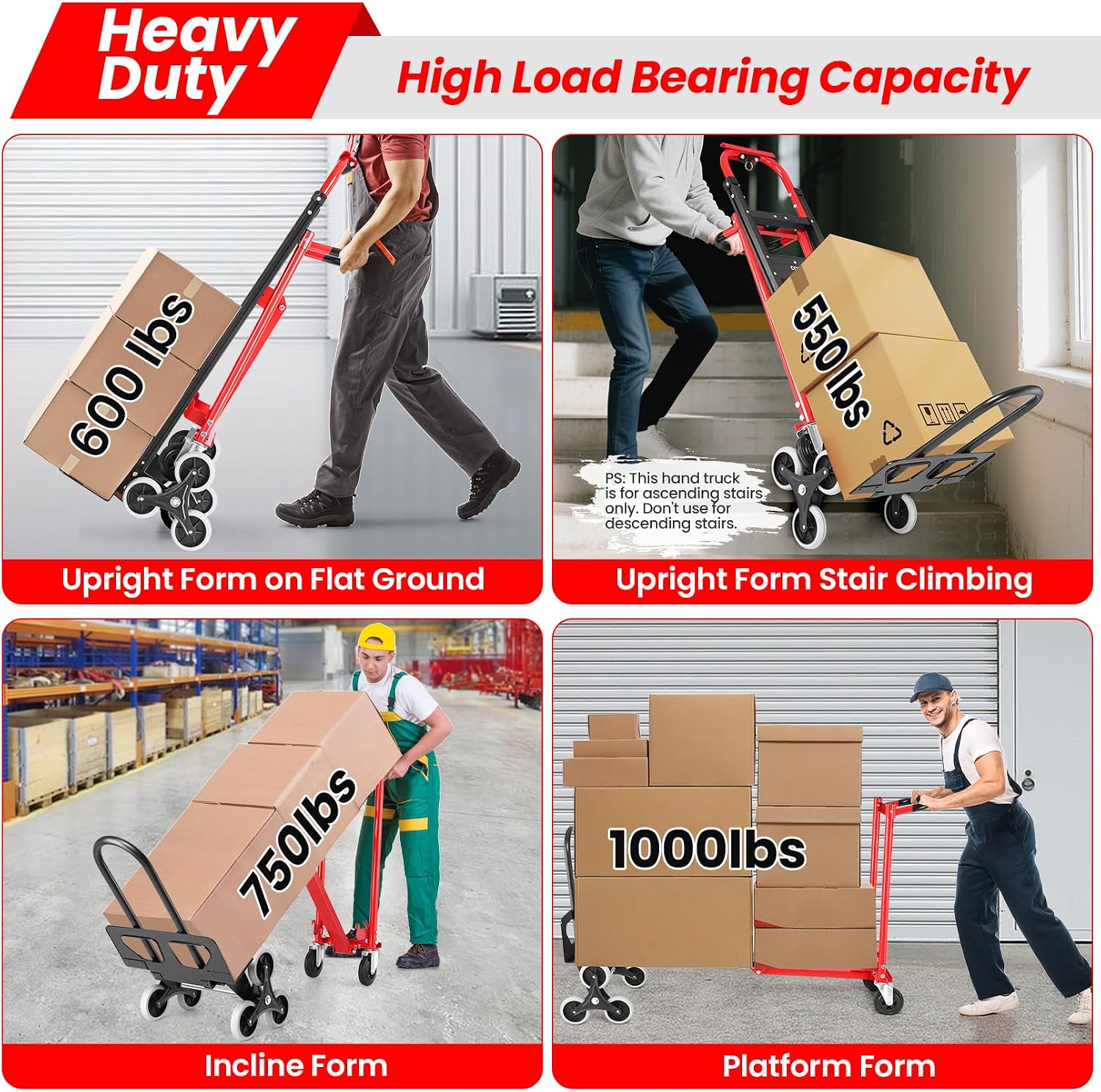 3 in 1 Convertible Hand Truck, 1000LBS Heavy Duty Aluminum Stair Climbing Dolly, Folding Hand Truck Dolly Cart with Solid Wheels for Moving/Travel/Office (Red)