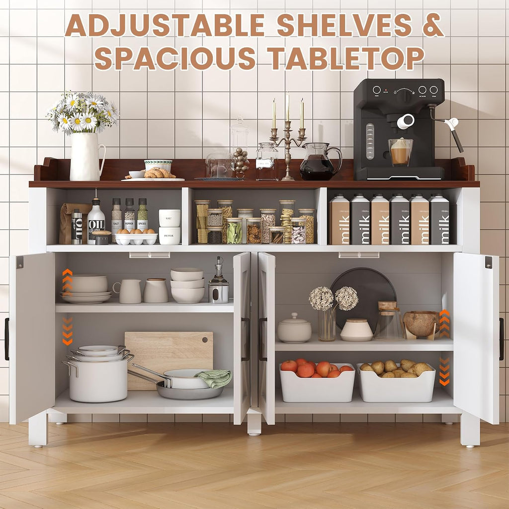 VVFLU Buffet Cabinet with Storage Farmhouse with 4 Doors and 3 Open Compartments, 55'' Large Kitchen Storage Cabinet White Wood Coffee Bar Buffet Sideboard for Kitchen, Dining Room, Living Room