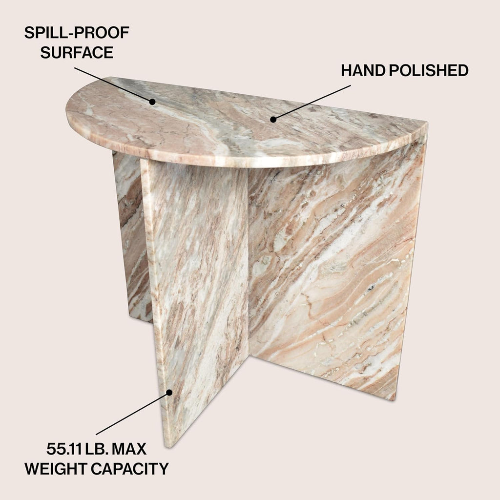 JONATHAN Y MTB1109A Patrice 20' Art Deco Minimalist Natural Marble Handmade Demilune Side Table, Side Table for Living Room, Bedroom, Bathroom, Pink/Beige/White
