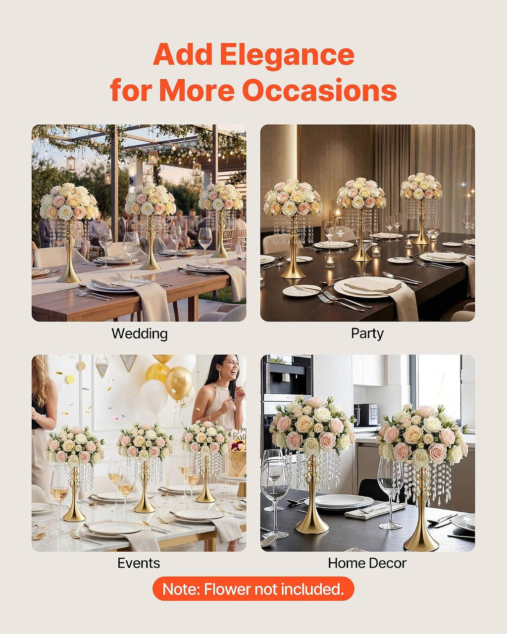 VEVOR 20 PCS Wedding Flower Vase, 13.4 in Tall Flower Table Centerpieces, Crystal Banquet Vases Easy Installation, Electroplated Finish, Versatile Arrangement Stand for Party Events Home Decor, Gold