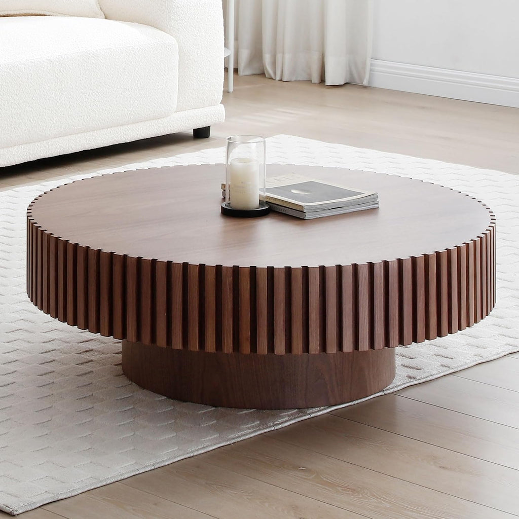 31' Round Coffee Table for Living Room, Mid Century Modern Coffee Table with Sturdy Pedestal, Circle Center Table Accent Tea Table for Apartment Walnut