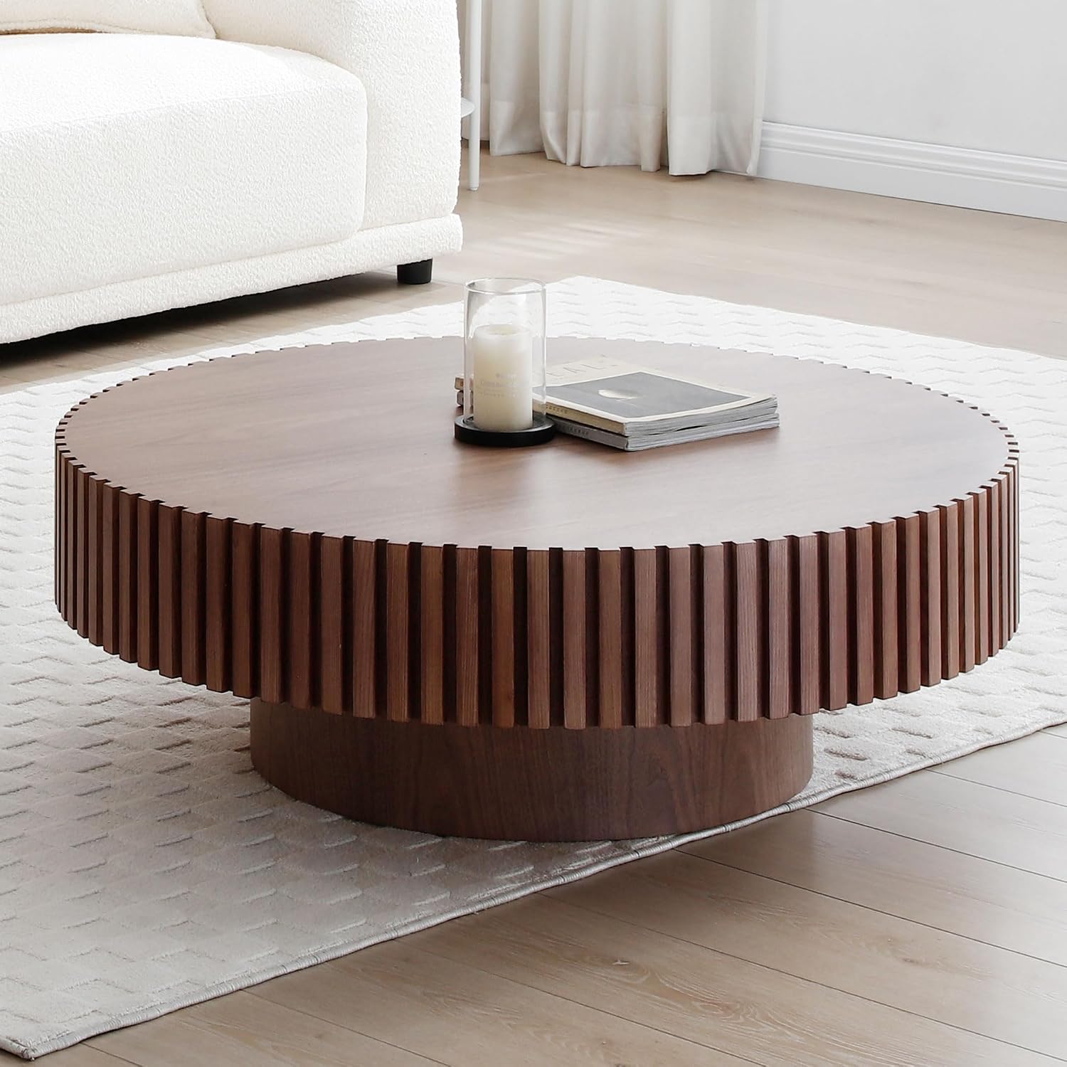 31' Round Coffee Table for Living Room, Mid Century Modern Coffee Table with Sturdy Pedestal, Circle Center Table Accent Tea Table for Apartment Walnut