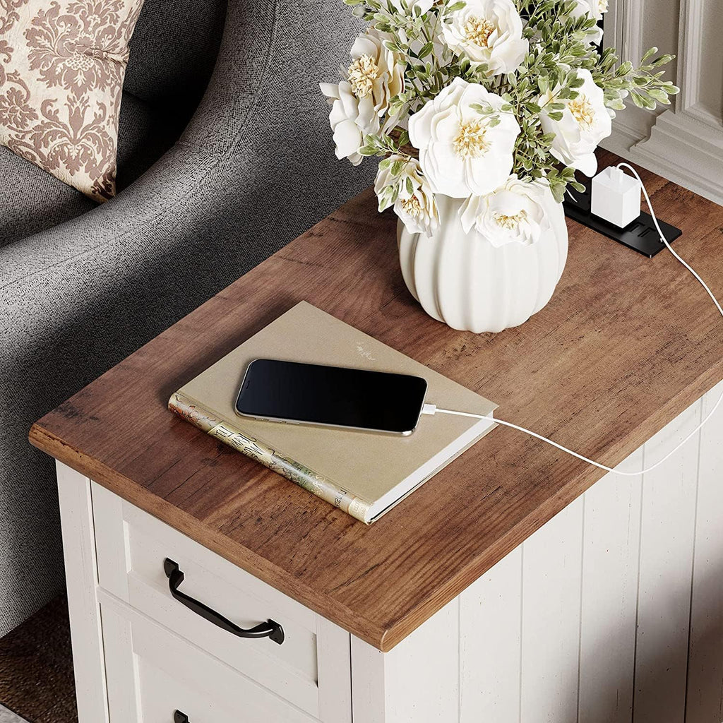 WAMPAT White End Table with Charging Station, Wood Side Table with 1 Drawer &1 Storage Cabinet, Mid Century Modern Nightstand with Power Outlets & USB Ports for Living Room, Bedroom