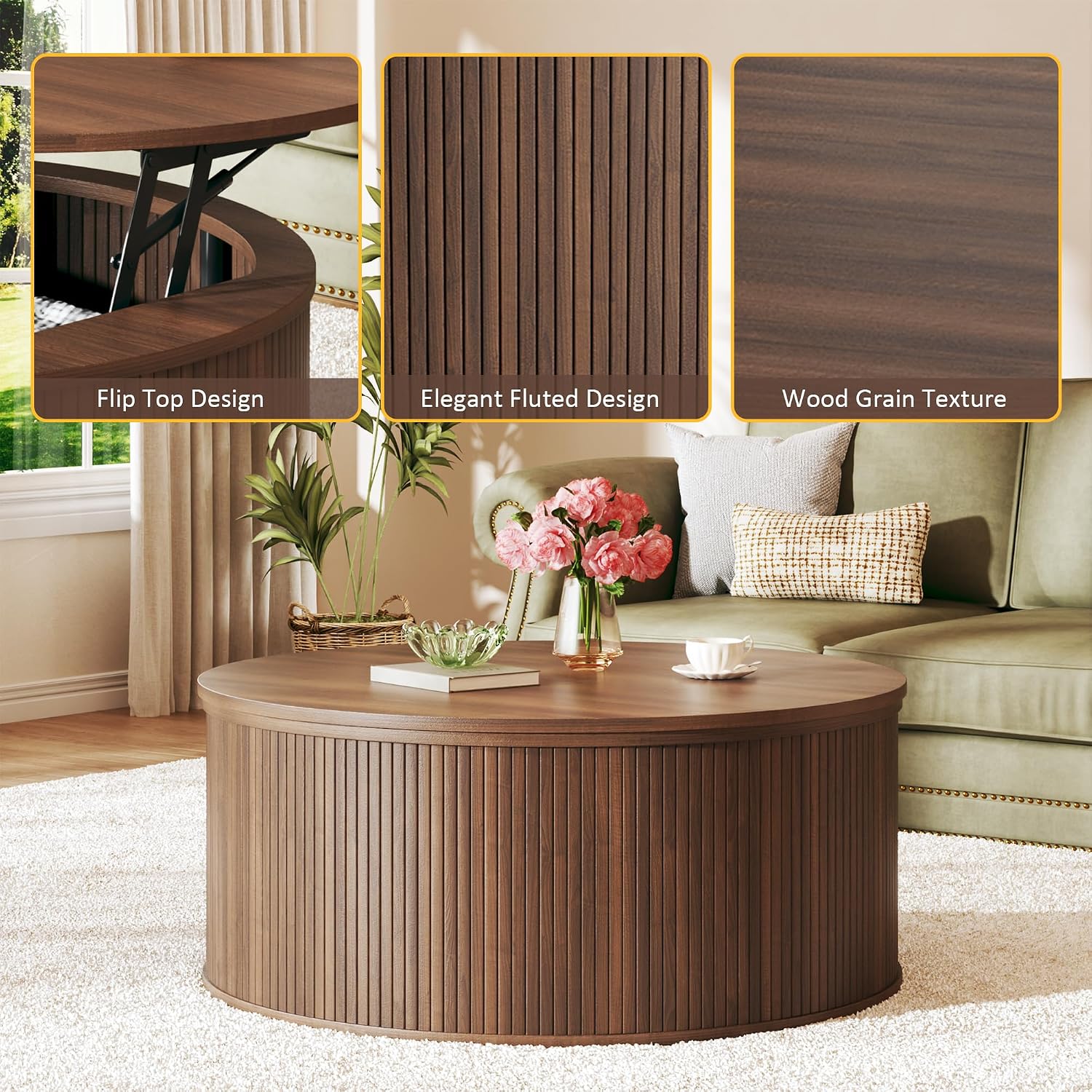HUAHUU Round Coffee Table with Storage, 31.5' Lift Top Coffee Table, Mid Century Modern Coffee Tables for Living Room, Apartment Office, Fluted Table with Rustic Wood Desktop, Walnut