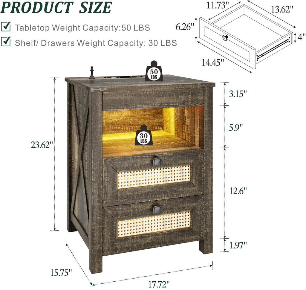 Night Stand Set 2 with Gun Drawer, Bedside Table with Charging Station, LED Nightstand with Human Sensor Light, Farmhouse End Table for Bedroom Living Room, Rustic