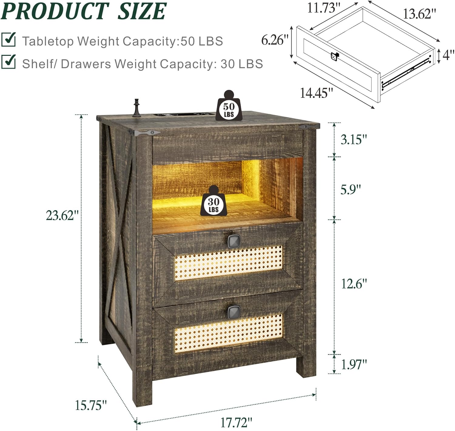 Night Stand Set 2 with Gun Drawer, Bedside Table with Charging Station, LED Nightstand with Human Sensor Light, Farmhouse End Table for Bedroom Living Room, Rustic