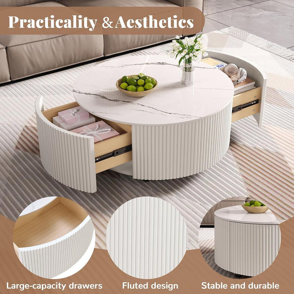 Merax 29.5' Round Fluted Coffee Table for Living Room, Movable Accent Table with Casters and 2 Storage Drawers, Marble Pattern Sintered Stone Top, White