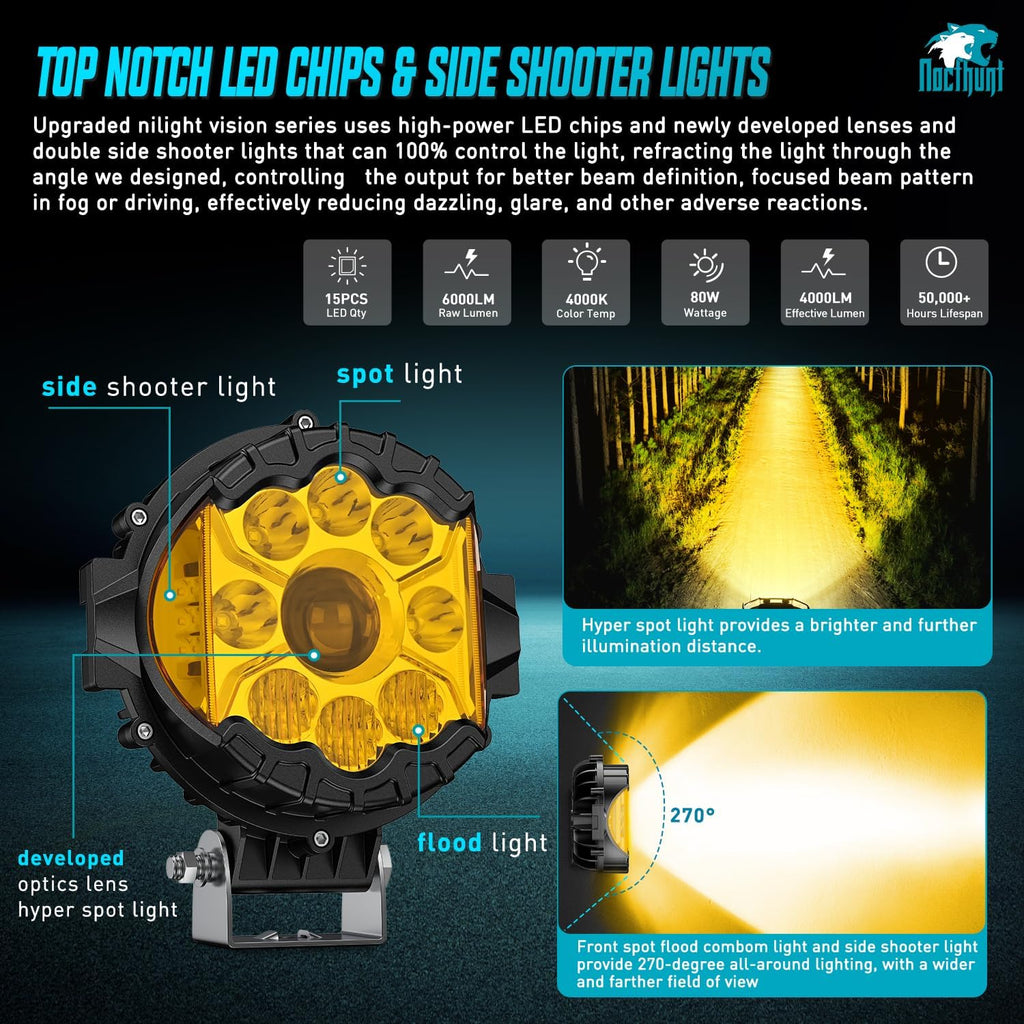 Nilight 7 Inch LED Offroad Driving Lights High Low Beam 2 PCS 80W Round Amber Light Side Shooter Spot Flood Fog Light Pod w/ 16 AWG DT Connector Wiring Harness Kit for Jeep Truck ATV UTV SUV
