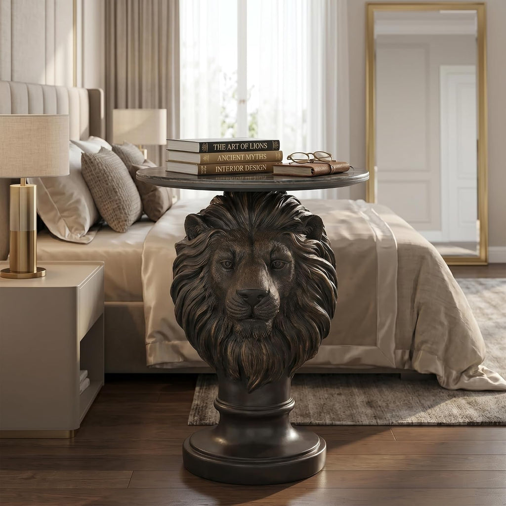 Vintage Bronze Lion Head Sculptural Side Table with Black Faux Marble Top, 19.69' Round Resin End Table, 25.59' H Majestic Accent Table for Living Room, Retro Office Decor, Heavy Duty