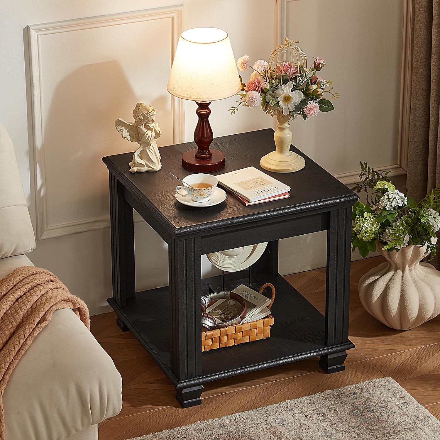 SAVOR LIFE Farmhouse End Table Set of 2,Large Side Table with 2-Tier Storage Shelf,Rustic Wood End Tables for Living Room,Square Tea Table, Black