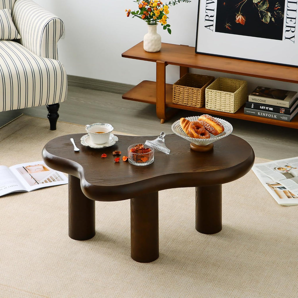 34'(L) Cloud Coffee Table, Modern Wood Coffee Table for Living Room, Accent Center Tables with 3 Legs, Small Tea Tables for Balcony, Patio, Bedroom, Walnut