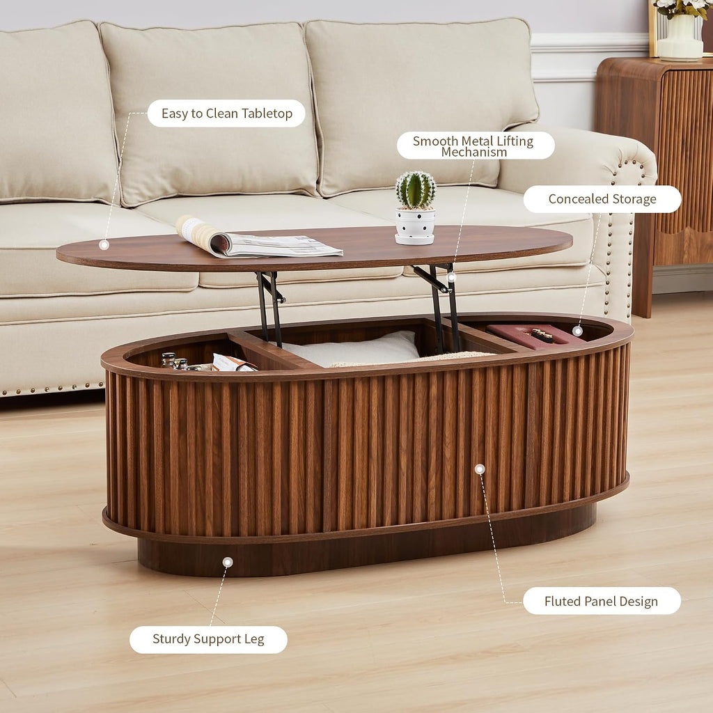 Oval Coffee Table, 43.3'' Fluted Lift Top Coffee Table with Hidden Storage Compartment, Mid Century Modern Dining Table Wooden Center Table for Living Room, Office, Small Spaces (Walnut)