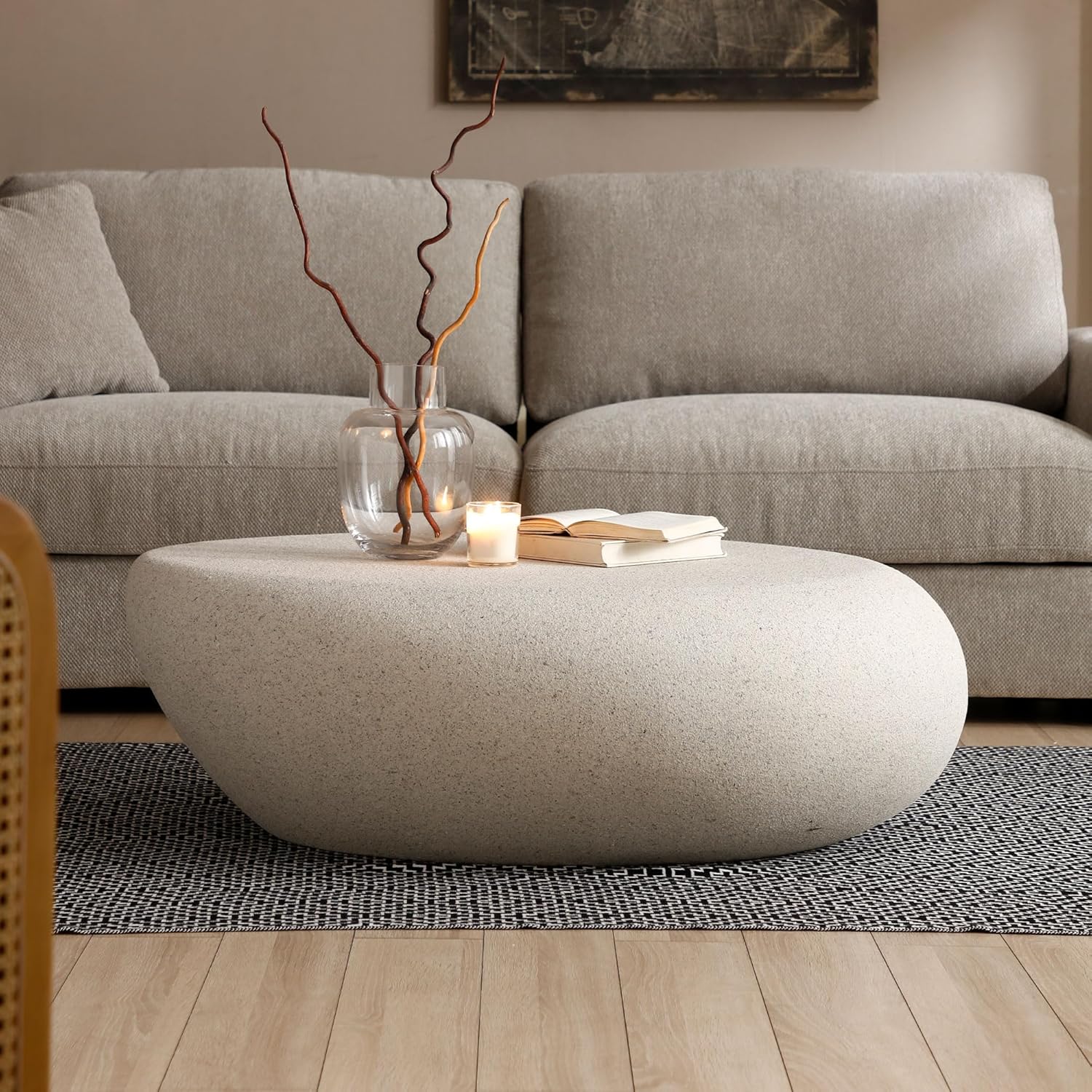 43.3' Oval Coffee Table for Living Room, Modern Faux Stone Center Table, Minimalist Accent Fiberglass Tea Table for Office Apartment, No Need Assembly, Cream White
