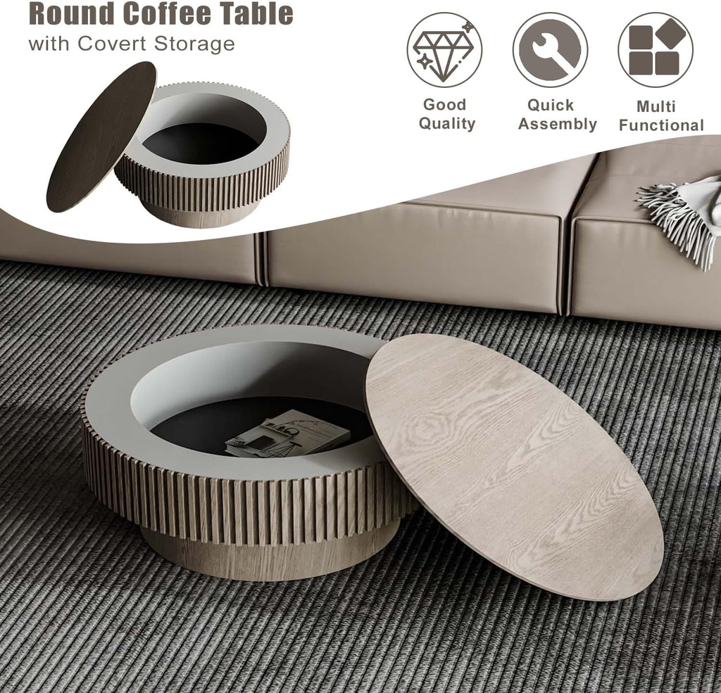 Round Coffee Table with Storage, Modern Wooden Coffee Table with Solid Wood Veneered, Circle Center Table Accent Tea Table for Living Room Apartment Small Space (31.5''L × 31.5''W × 14''H, Grey)