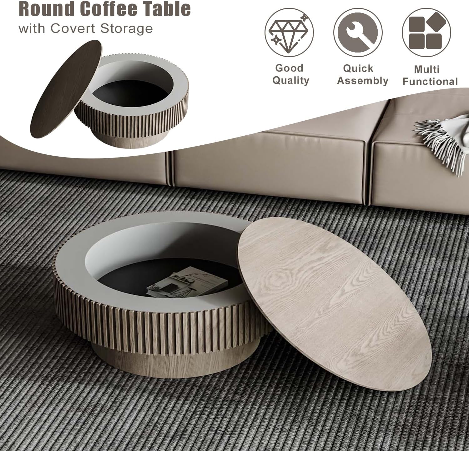 Round Coffee Table with Storage, Modern Wooden Coffee Table with Solid Wood Veneered, Circle Center Table Accent Tea Table for Living Room Apartment Small Space (31.5''L × 31.5''W × 14''H, Grey)
