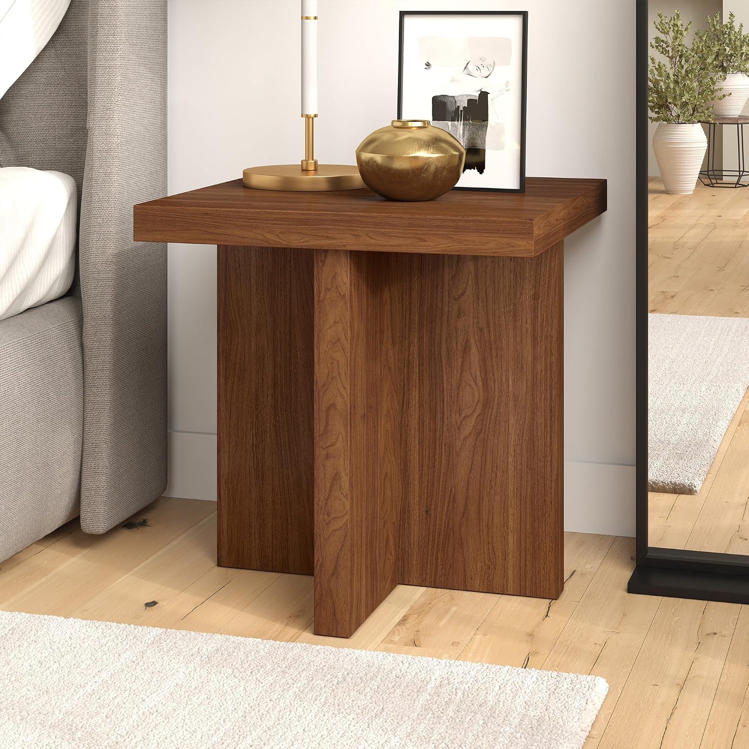 Henn&Hart 22' Scandinavian Wooden Square End Table, Side Table, Nightstand with X-Base for Living Room, Office, Family Room, or Bedroom, Medium Walnut